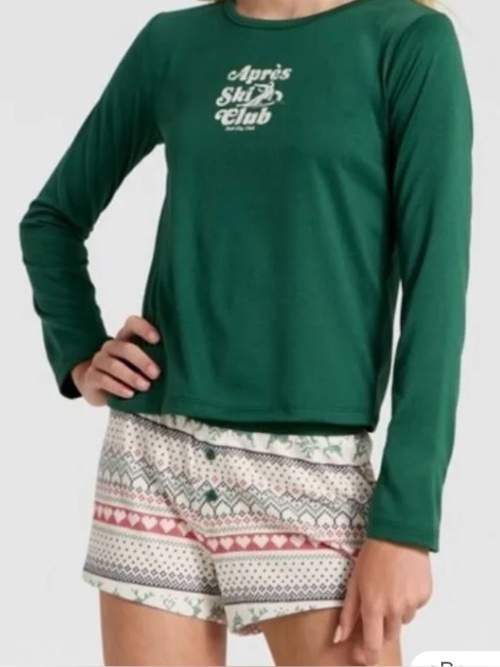 Kids Green 'Après Ski Club' Pajama Set with Patterned Shorts and headband